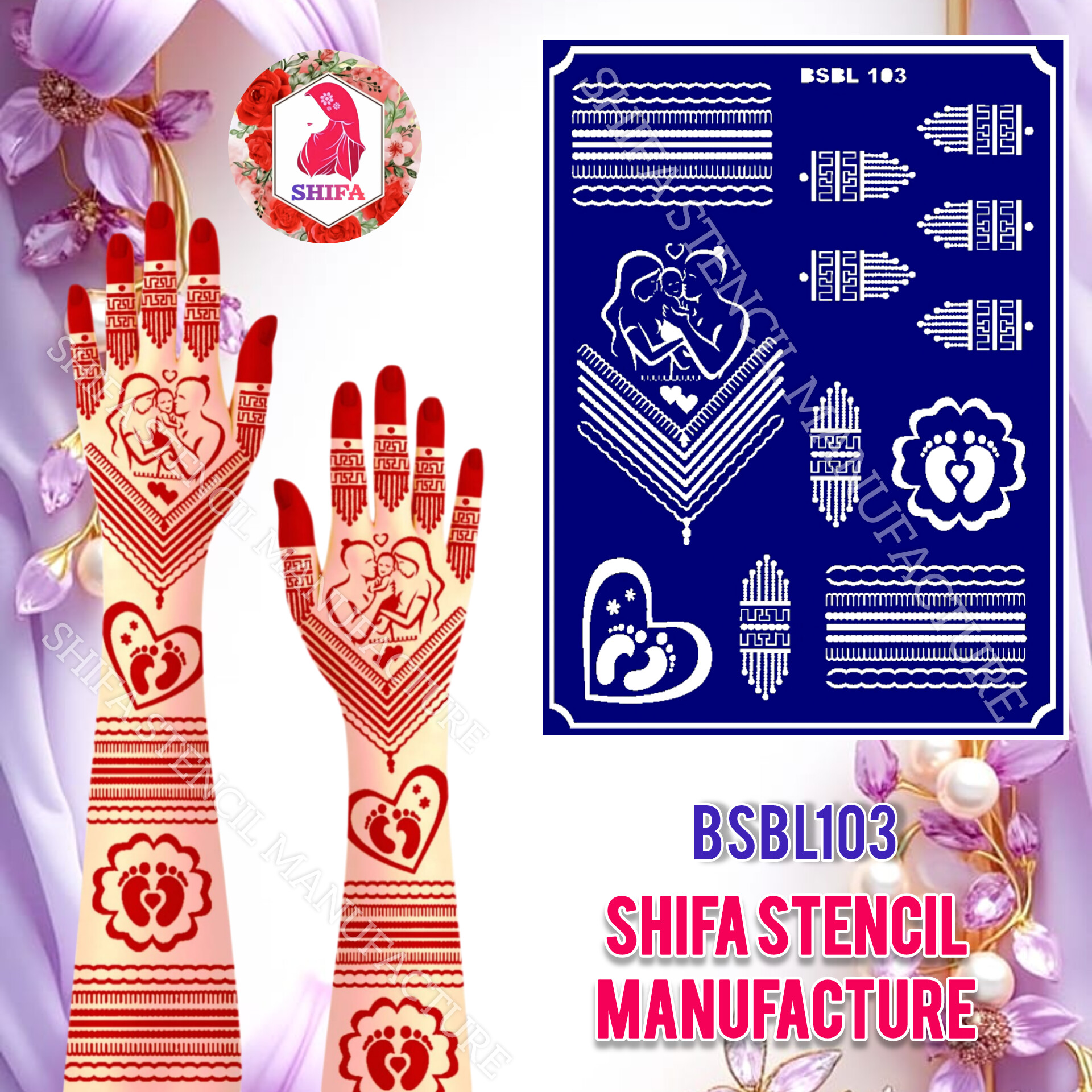 BSBL 103 Father & Mother Cuddling Their Baby Sticker Overview  Henna Stencil - Shifa Stencil